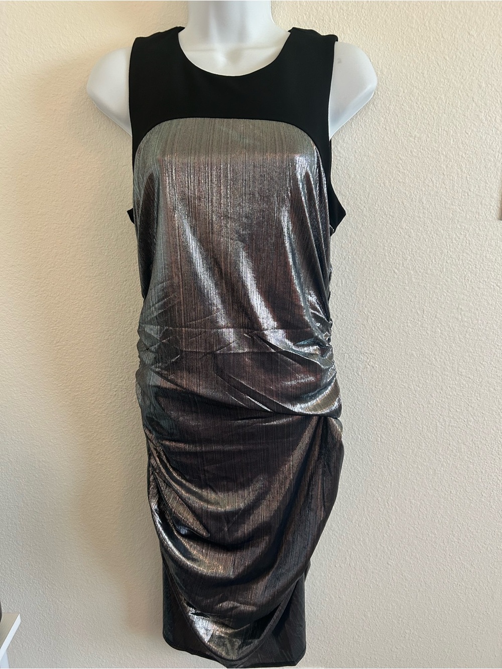 BCBGMaxAzria Metallic Silver and Black Midi Sheath Dress